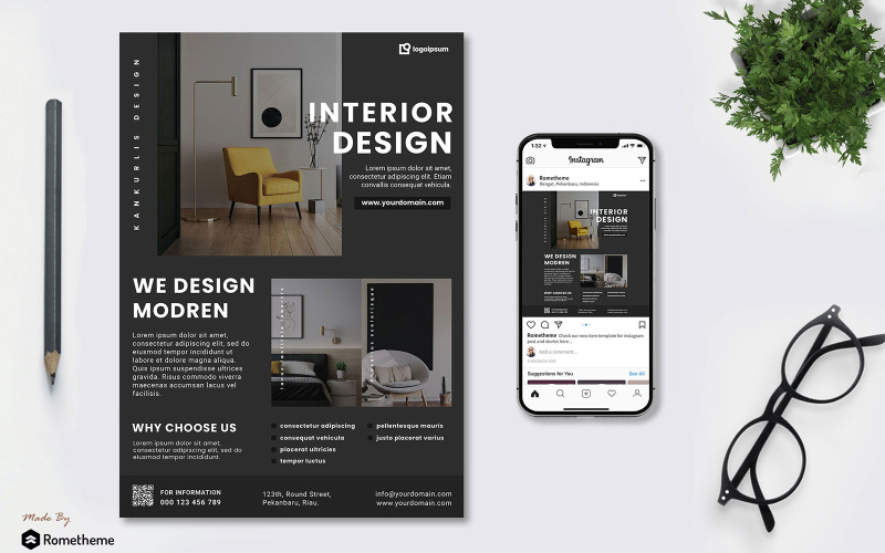Download Фирменный стиль "Interior Design vol.01 - Flyer TY - Corporate Identity Template" / Interior Design vol.01 - Flyer TY - Corporate Identity Template - Фирменный стиль на тему графика interior,design,flyer,brochure,banner,creative,dark,modern,product,promotion,instagram,post,professional,minimalist