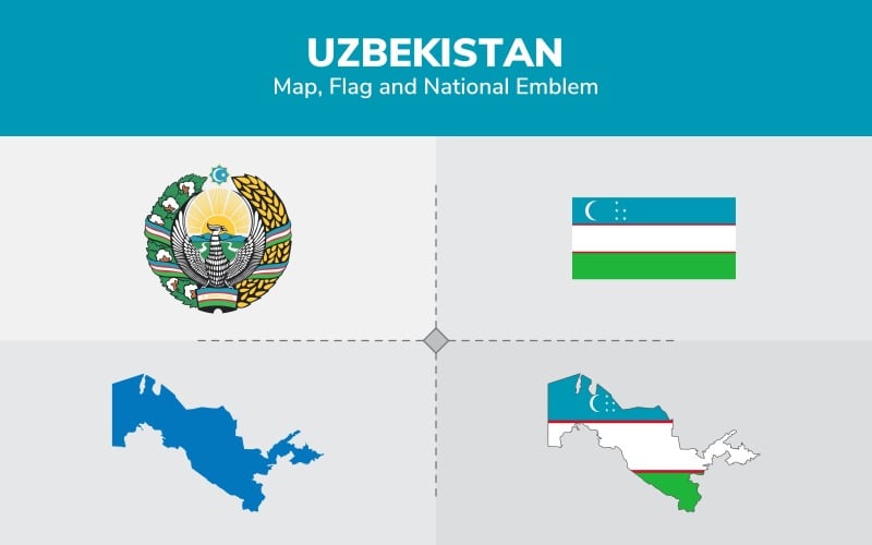 Mapa de Uzbekistán, bandera y emblema nacional - Ilustración