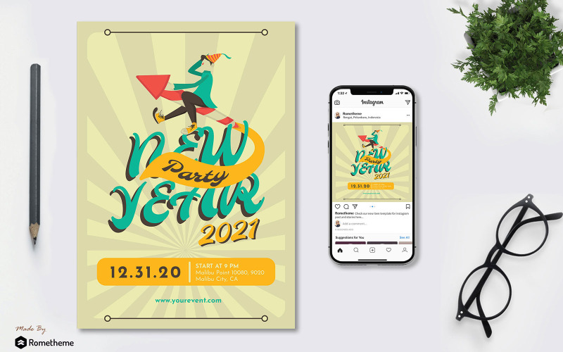 Download Фирменный стиль "New Year Party 2021 - Flyer &amp; Instagram Post GR" / New Year Party 2021 - Flyer &amp; Instagram Post GR - Фирменный стиль на тему графика 2021,banner,brochure,business,celebrate,disco,event,festival,flyer,illustration,instagram,invitation,newyear,party,promotion,sale,tosca,yellow