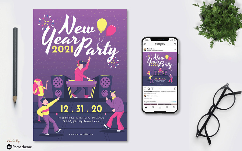 Download Фирменный стиль "New Year Party - Flyer &amp; Instagram Post GR - Corporate Identity Template" / New Year Party - Flyer &amp; Instagram Post GR - Corporate Identity Template - Фирменный стиль на тему графика newyear,party,event,festival,celebrate,invitation,promotion,business,flyer,brochure,banner,instagram,illustration,disco