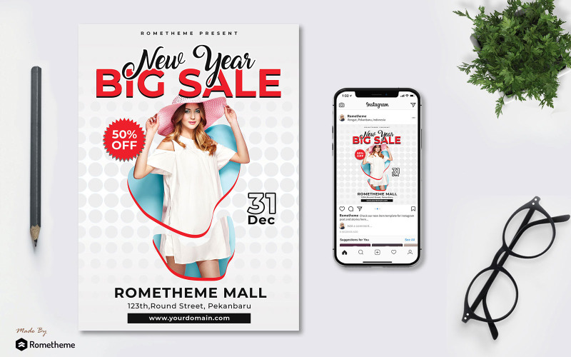 Download Фирменный стиль "New Year Sale vol.01 Flyer - Corporate Identity Template" / New Year Sale vol.01 Flyer - Corporate Identity Template - Фирменный стиль на тему графика banner,blue,brochure,business,company,corporate,creative,design,dicount,disc,discount,feed,flyer,hat,market,new,newyear,opening,post,poster