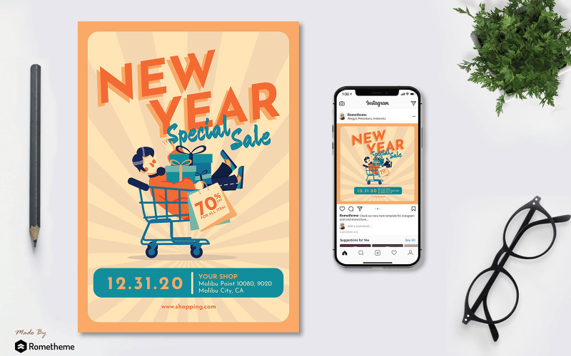 Download Фирменный стиль "New Year Special Sale - Flyer &amp; Instagram Post GR" / New Year Special Sale - Flyer &amp; Instagram Post GR - Фирменный стиль на тему графика 2021,banner,brochure,business,celebrate,disco,event,festival,flyer,illustration,instagram,invitation,newyear,orange,party,promotion,sale,tosca,yellow