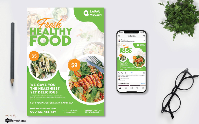 Download Фирменный стиль "Restaurant vol.01 - Flyer TY - Corporate Identity Template" / Restaurant vol.01 - Flyer TY - Corporate Identity Template - Фирменный стиль на тему графика restaurant,flyer,brochure,banner,food,instagram,post,feed,business,opening,discount,invitation,green,vegan,a4