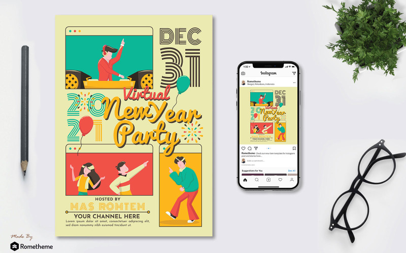 Download Фирменный стиль "Virtual New Year Party - Flyer &amp; Instagram Post GR" / Virtual New Year Party - Flyer &amp; Instagram Post GR - Фирменный стиль на тему графика virtual,new,year,sales,party,event,festival,promotion,flyer,brochure,banner,instagram,post,illustration,classic