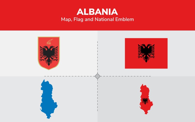 Download Иллюстрация "Albania Map, Flag and National Emblem - Illustration" / Albania Map, Flag and National Emblem - Illustration - Иллюстрация на тему графика continents,countries,map,political map,traveling,vector,emblem,national,flag,coat,arms,country,symbol,nations,state,sign,nation,badge,symbolic object,europe