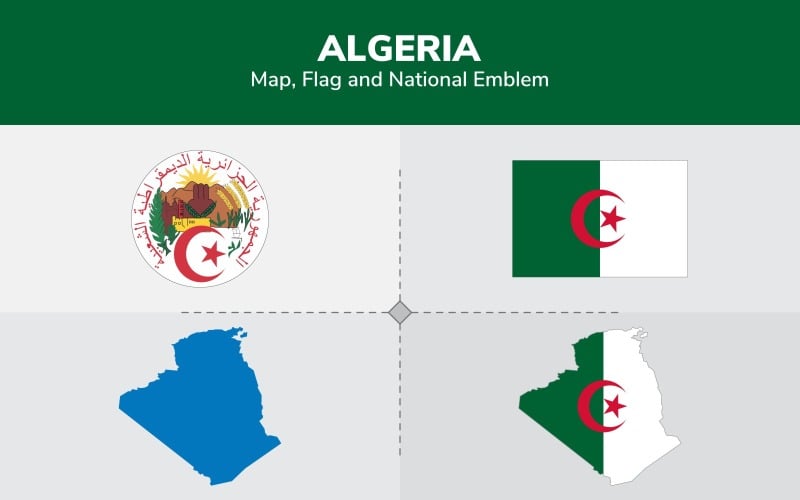 Download Иллюстрация "Algeria Map, Flag and National Emblem - Illustration" / Algeria Map, Flag and National Emblem - Illustration - Иллюстрация на тему графика continents,countries,map,political map,traveling,vector,emblem,national,flag,coat,arms,country,symbol,nations,state,sign,nation,badge,symbolic object,europe
