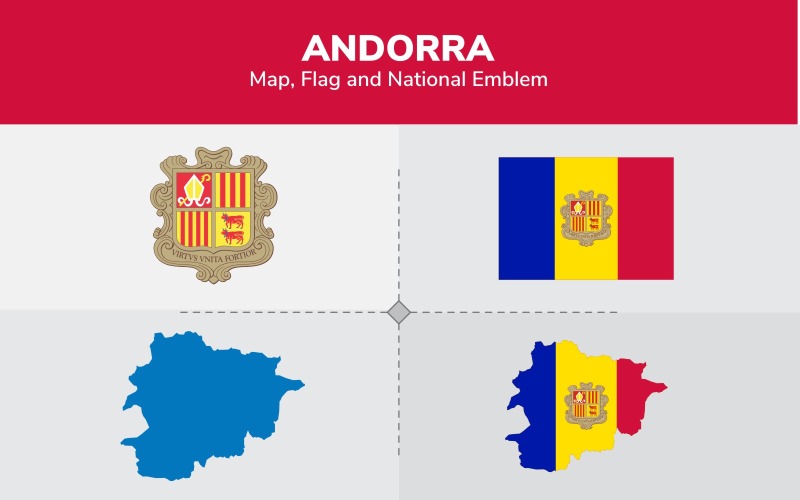Andorra karta, flagga och nationellt emblem - illustration