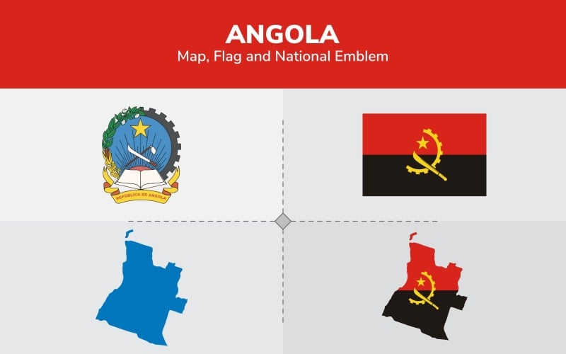 Download Иллюстрация "Angola Map, Flag and National Emblem - Illustration" / Angola Map, Flag and National Emblem - Illustration - Иллюстрация на тему графика continents,countries,map,political map,traveling,vector,emblem,national,flag,coat,arms,country,symbol,nations,state,sign,nation,badge,symbolic object,europe