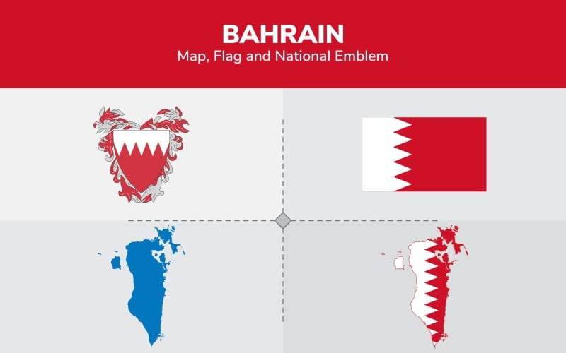 Download Иллюстрация "Bahrain Map, Flag and National Emblem - Illustration" / Bahrain Map, Flag and National Emblem - Illustration - Иллюстрация на тему графика continents,countries,map,political map,traveling,vector,emblem,national,flag,coat,arms,country,symbol,nations,state,sign,nation,badge,symbolic object,europe