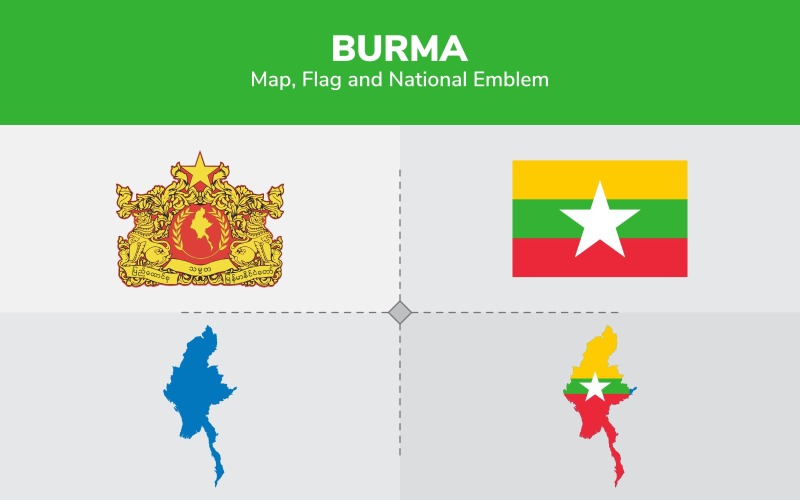 Download Иллюстрация "Burma Map, Flag and National Emblem - Illustration" / Burma Map, Flag and National Emblem - Illustration - Иллюстрация на тему графика continents,countries,map,political map,traveling,vector,emblem,national,flag,coat,arms,country,symbol,nations,state,sign,nation,badge,symbolic object,europe