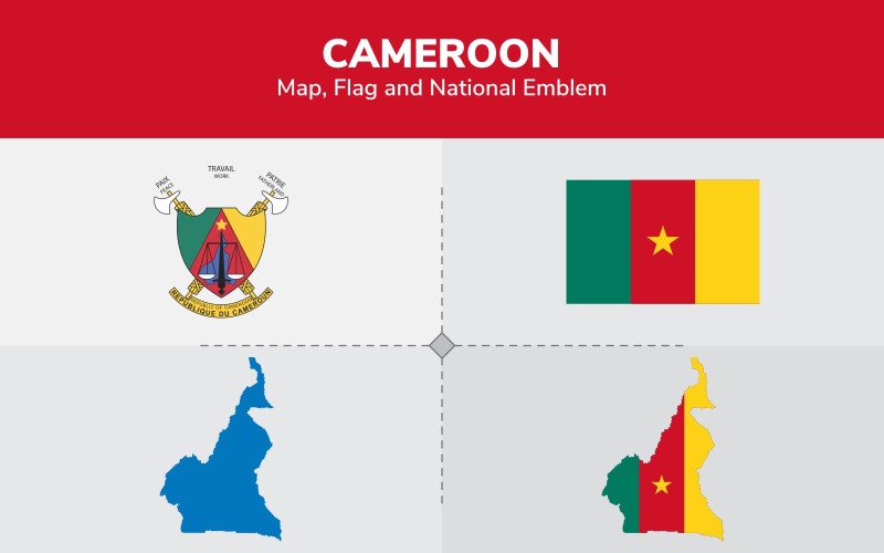 Download Иллюстрация "Cameroon Map, Flag and National Emblem - Illustration" / Cameroon Map, Flag and National Emblem - Illustration - Иллюстрация на тему графика continents,countries,map,political map,traveling,vector,emblem,national,flag,coat,arms,country,symbol,nations,state,sign,nation,badge,symbolic object,europe