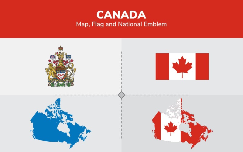 Download Иллюстрация "Canada Map, Flag and National Emblem - Illustration" / Canada Map, Flag and National Emblem - Illustration - Иллюстрация на тему графика continents,countries,map,political map,traveling,vector,emblem,national,flag,coat,arms,country,symbol,nations,state,sign,nation,badge,symbolic object,europe