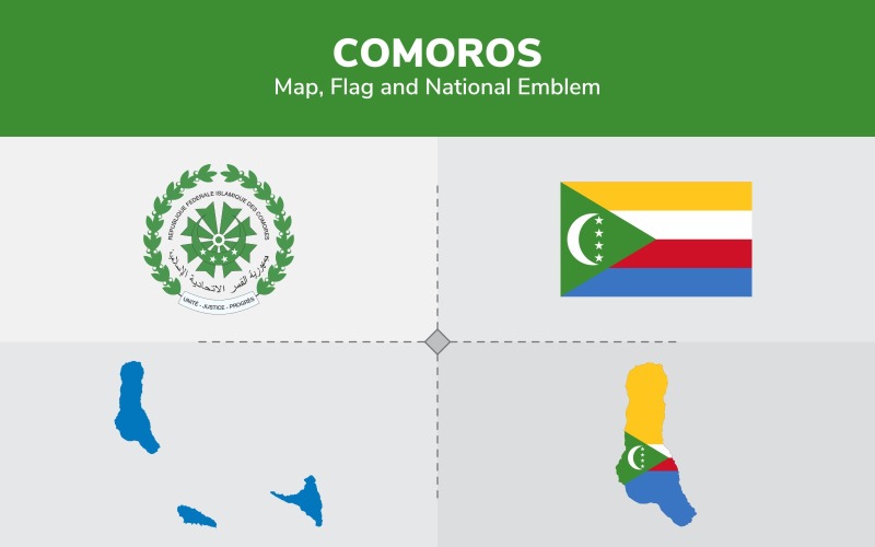 Carte des Comores, drapeau et emblème national - Illustration