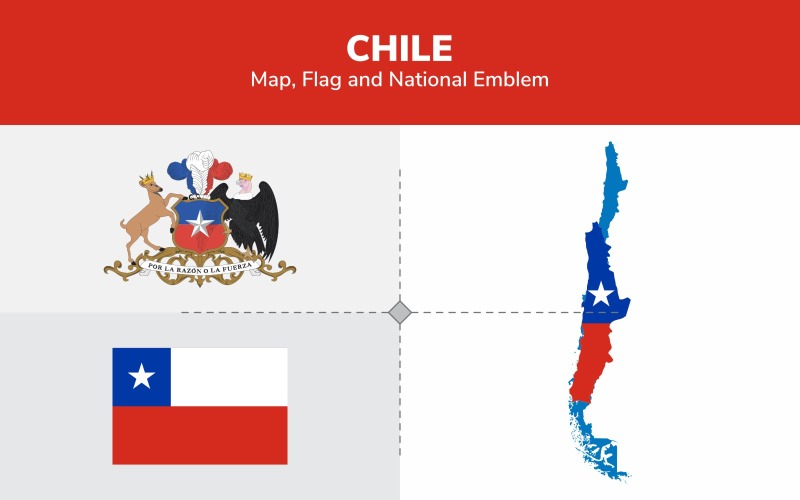 Chile térkép, zászló és nemzeti jelkép - illusztráció