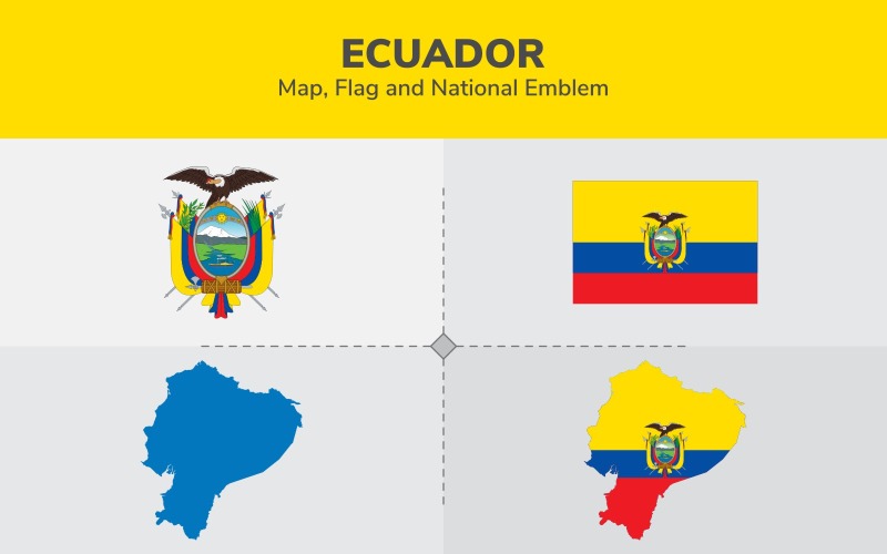 Ecuador kaart, vlag en nationaal embleem - illustratie