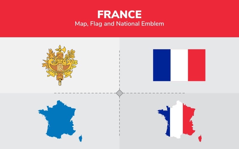 法国地图，国旗和国徽-光栅插图