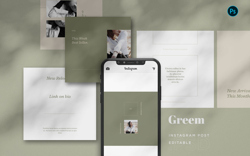 Download Шаблон для соцсетей "Greem - Fashion Instagram BL Social Media Template" / Greem - Fashion Instagram BL Social Media Template - Шаблон для соцсетей на тему графика greem,fashion,minimalist,stylish,feminine,instagram,post,feed,promotion,product,apparel,quote,services,business,company,story,package