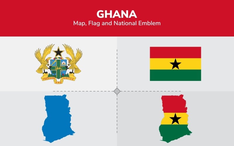Mapa, bandeira e emblema nacional de Gana - ilustração