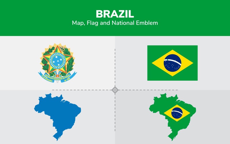 Mapa, bandeira e emblema nacional do Brasil - ilustração