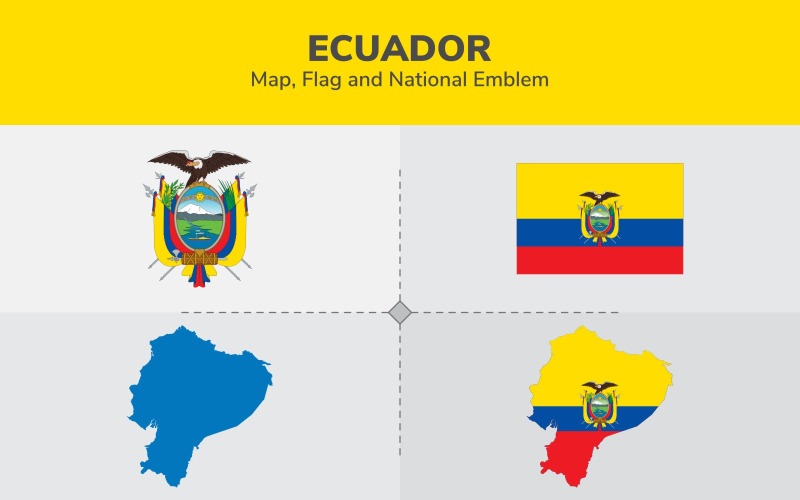 Mapa, bandeira e emblema nacional do Equador - ilustração