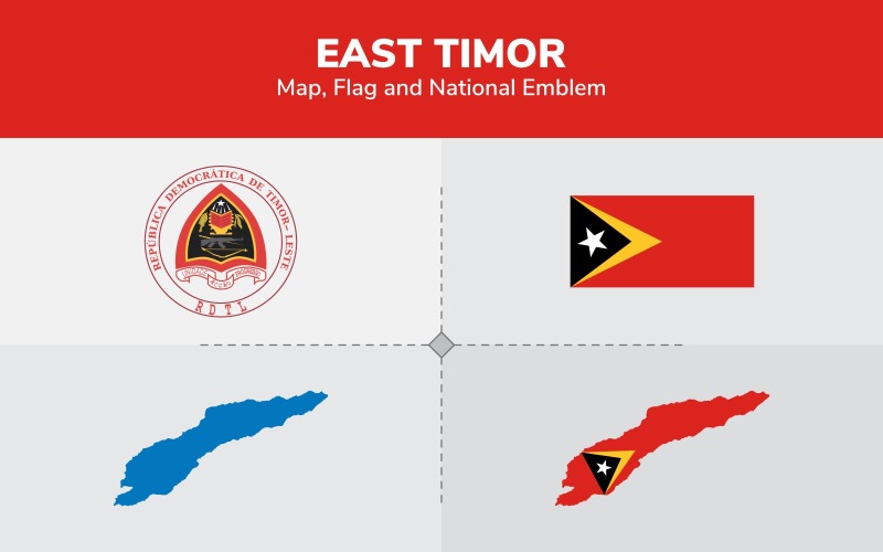 Mapa, bandera y emblema nacional de Timor Oriental - Ilustración