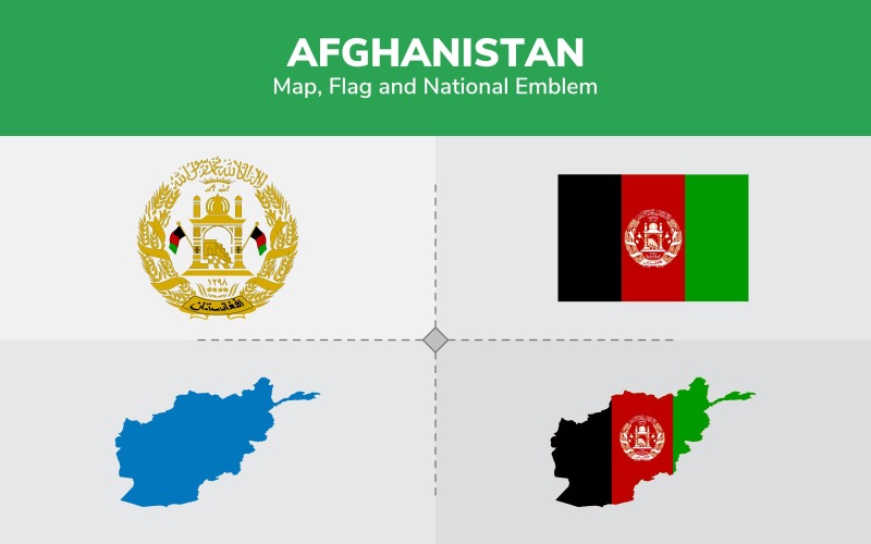 Mapa de Afganistán, bandera y emblema nacional - Ilustración