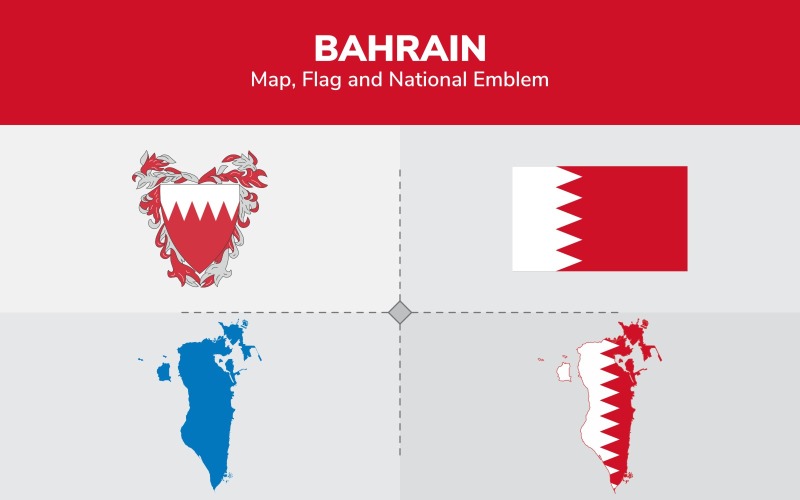 Mapa de Bahrein, bandera y emblema nacional - Ilustración