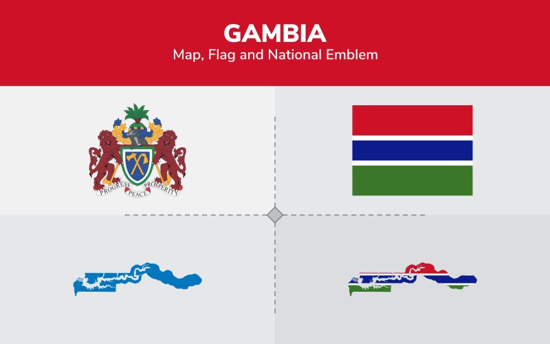 Mapa de Gambia, bandera y emblema nacional - Ilustración