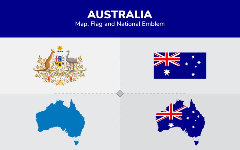 Mapa, vlajka a státní znak Austrálie - ilustrace