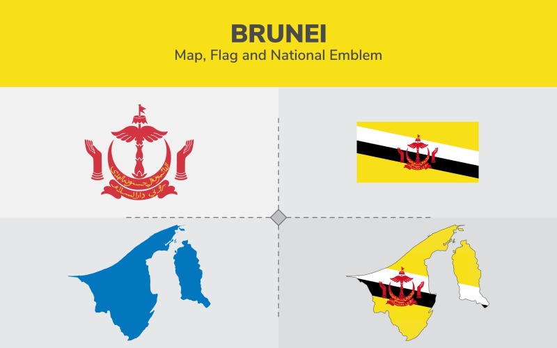 文莱地图，国旗和国徽-光栅插图