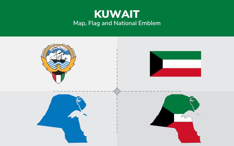 Carte du Koweït, drapeau et emblème national - Illustration