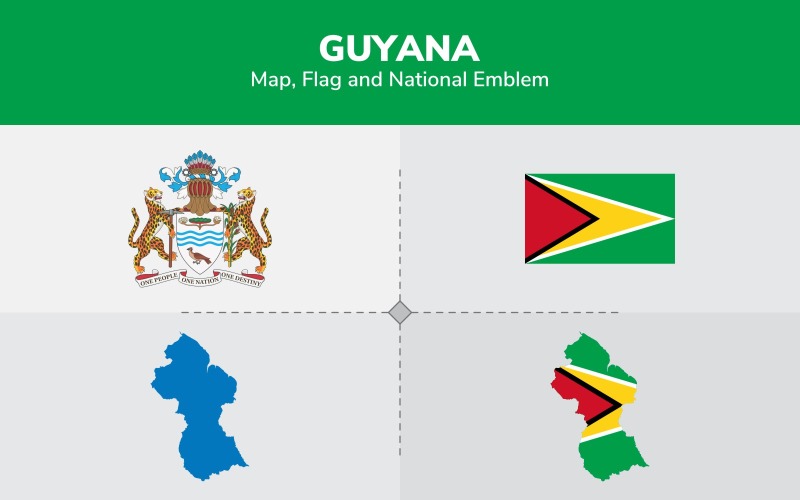 Guyana mapa, vlajka a státní znak - ilustrace