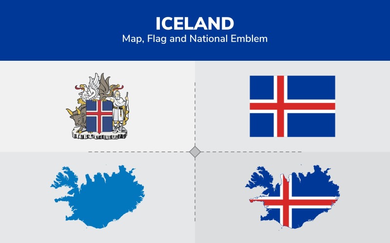 Download Иллюстрация "Iceland Map, Flag and National Emblem - Illustration" / Iceland Map, Flag and National Emblem - Illustration - Иллюстрация на тему графика continents,countries,map,political map,traveling,vector,emblem,national,flag,coat,arms,country,symbol,nations,state,sign,nation,badge,symbolic object,europe