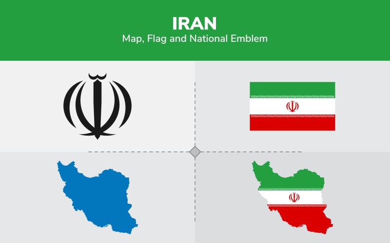 Iran Map, Flag and National Emblem - Illustration