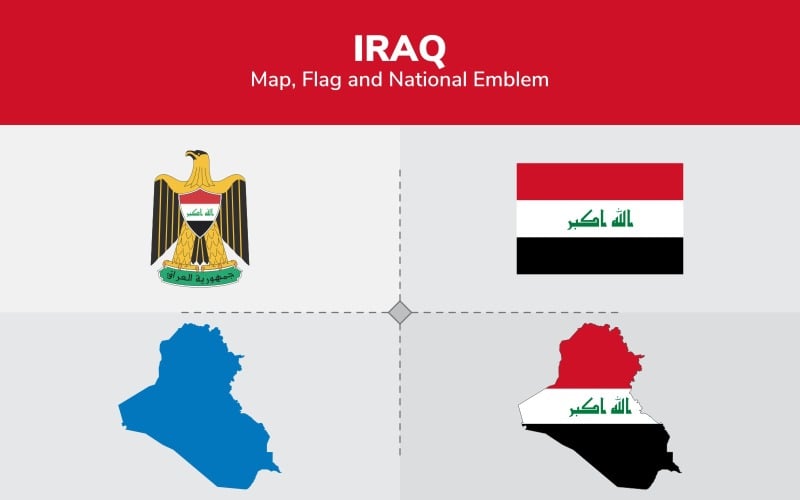 Download Иллюстрация "Iraq Map, Flag and National Emblem - Illustration" / Iraq Map, Flag and National Emblem - Illustration - Иллюстрация на тему графика continents,countries,map,political map,traveling,vector,emblem,national,flag,coat,arms,country,symbol,nations,state,sign,nation,badge,symbolic object,europe