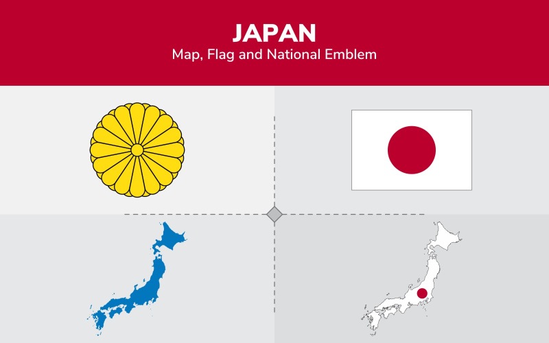 Japonya Haritası, Bayrak ve Ulusal Amblem - İllüstrasyon