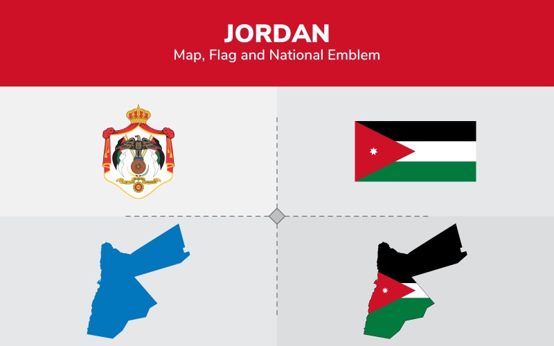 Download Иллюстрация "Jordan Map, Flag and National Emblem - Illustration" / Jordan Map, Flag and National Emblem - Illustration - Иллюстрация на тему графика continents,countries,map,political map,traveling,vector,emblem,national,flag,coat,arms,country,symbol,nations,state,sign,nation,badge,symbolic object,europe