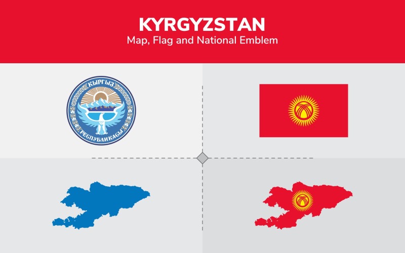 Kırgızistan Haritası, Bayrak ve Ulusal Amblem - İllüstrasyon