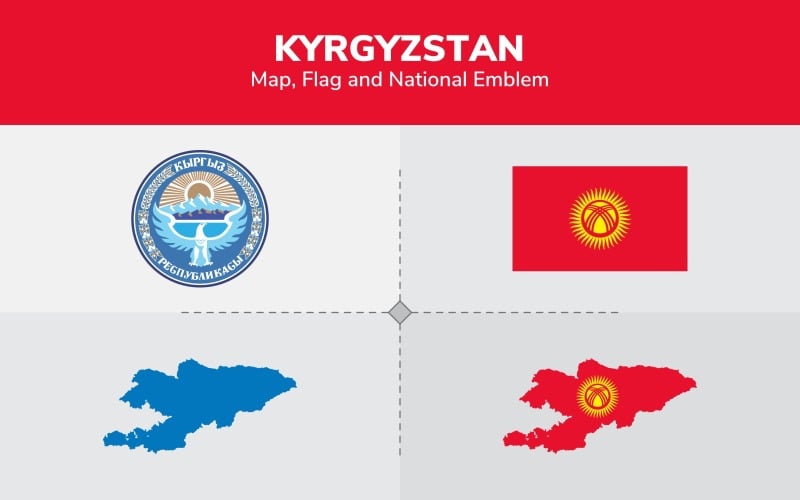 Download Иллюстрация "Kyrgyzstan Map, Flag and National Emblem - Illustration" / Kyrgyzstan Map, Flag and National Emblem - Illustration - Иллюстрация на тему графика continents,countries,map,political map,traveling,vector,emblem,national,flag,coat,arms,country,symbol,nations,state,sign,nation,badge,symbolic object,europe