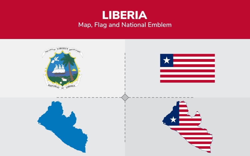 Mapa, bandeira e emblema nacional da Libéria - ilustração