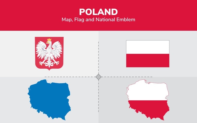 Mapa, bandeira e emblema nacional da Polónia - ilustração