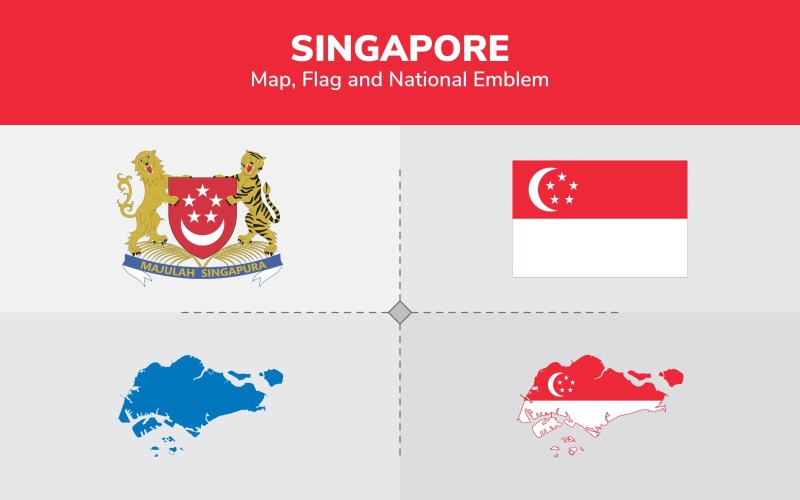 Mapa, bandeira e emblema nacional de Singapura - ilustração