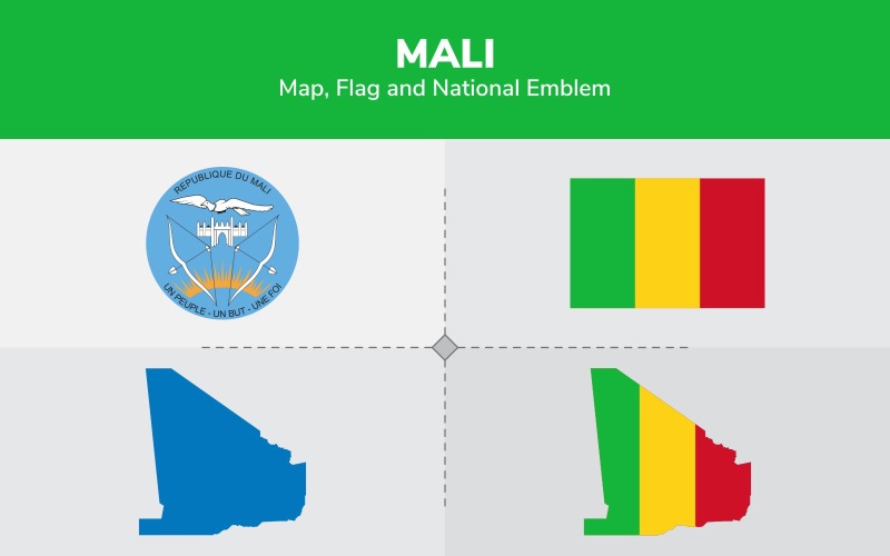 Mapa, bandeira e emblema nacional do Mali - ilustração
