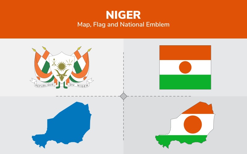 Mapa, bandeira e emblema nacional do Níger - ilustração