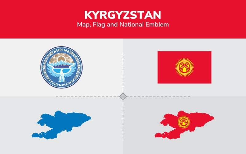 Mapa, bandeira e emblema nacional do Quirguistão - ilustração