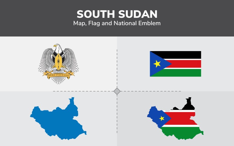 Mapa, bandera y emblema nacional de Sudán del Sur - Ilustración