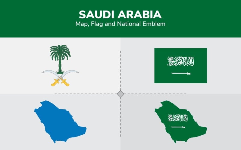 Mapa de Arabia Saudita, bandera y emblema nacional - Ilustración