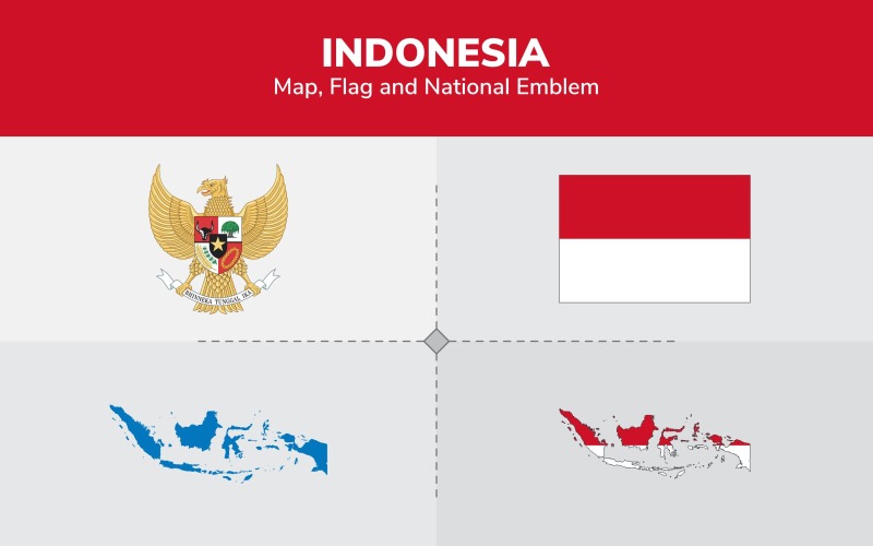 Mapa de Indonesia, bandera y emblema nacional - Ilustración