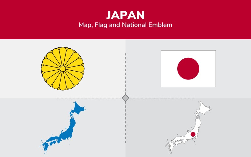 Mapa de Japón, bandera y emblema nacional - Ilustración