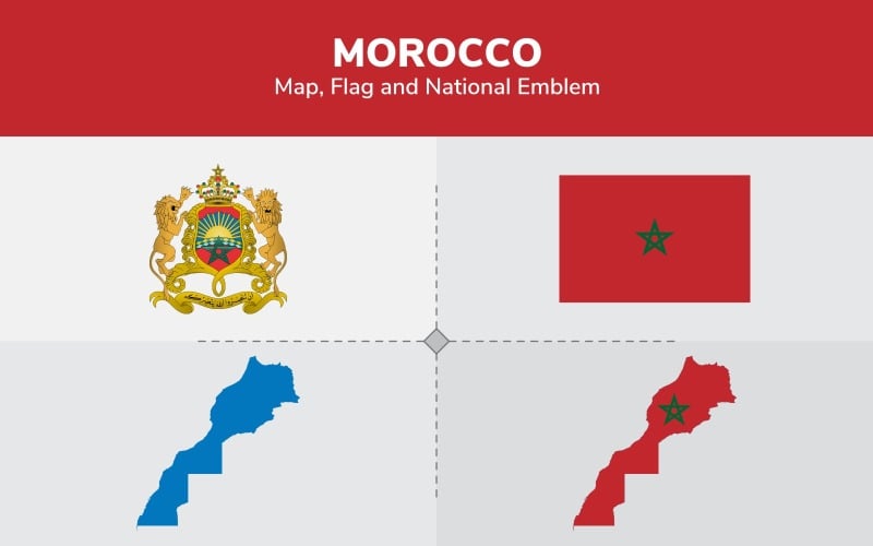 Mapa de Marruecos, bandera y emblema nacional - Ilustración